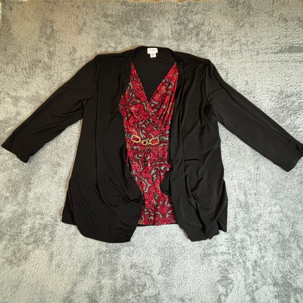 Jaclyn Smith Womens XL Pink Paisley Faux Wrap Top with Black Cardigan Overlay